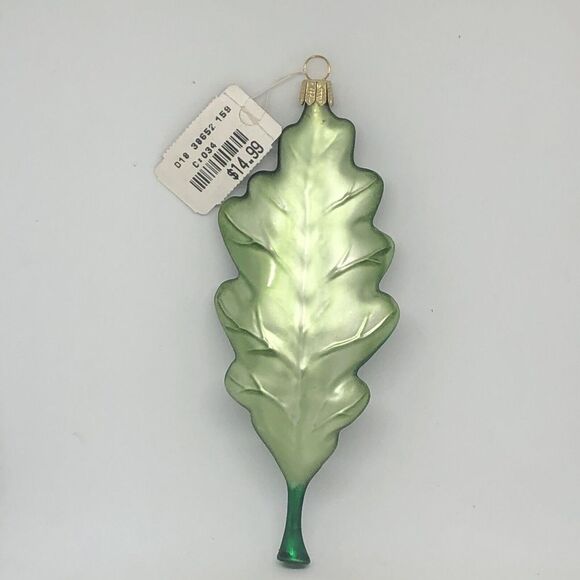 Large 6” Green Oak Leaf Glass Blown With Gold Glitter Holiday Ornament Germany - Picture 3 of 6